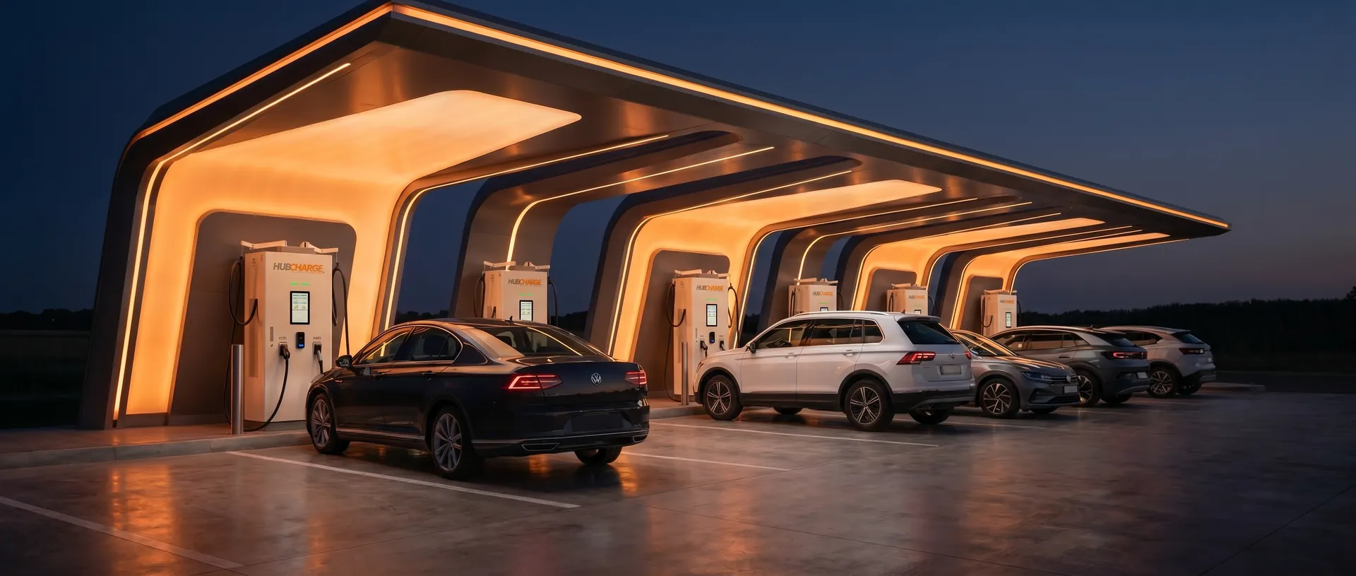 HubCharge fast chargers beneath a lit canopy at dusk, with cars charging
